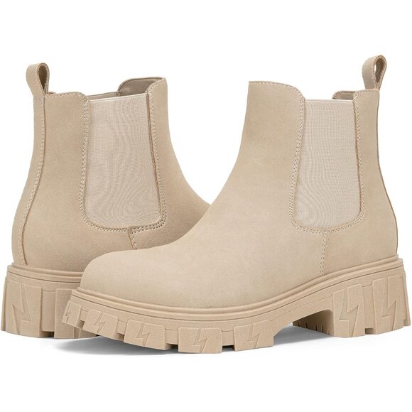 🆕Women Chelsea Lug Sole-9620-beige Synthetic leather Ankle Elastic Band Boot - Picture 11 of 13